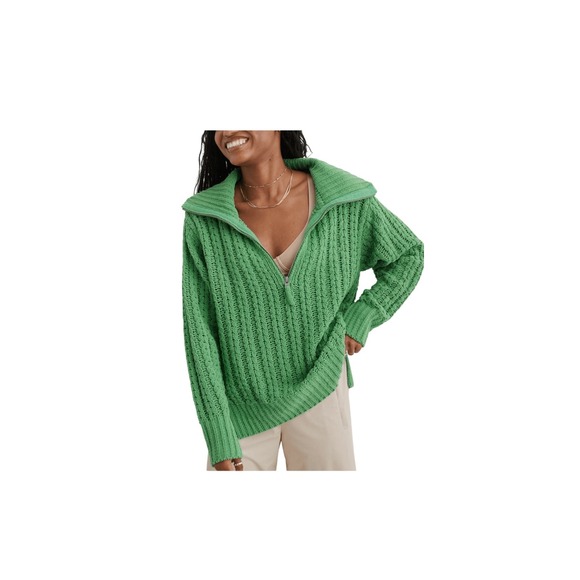 Aerie Cable Car Green Quarter Zip Sweater Chunky Oversized Womens Size Medium - Picture 1 of 11